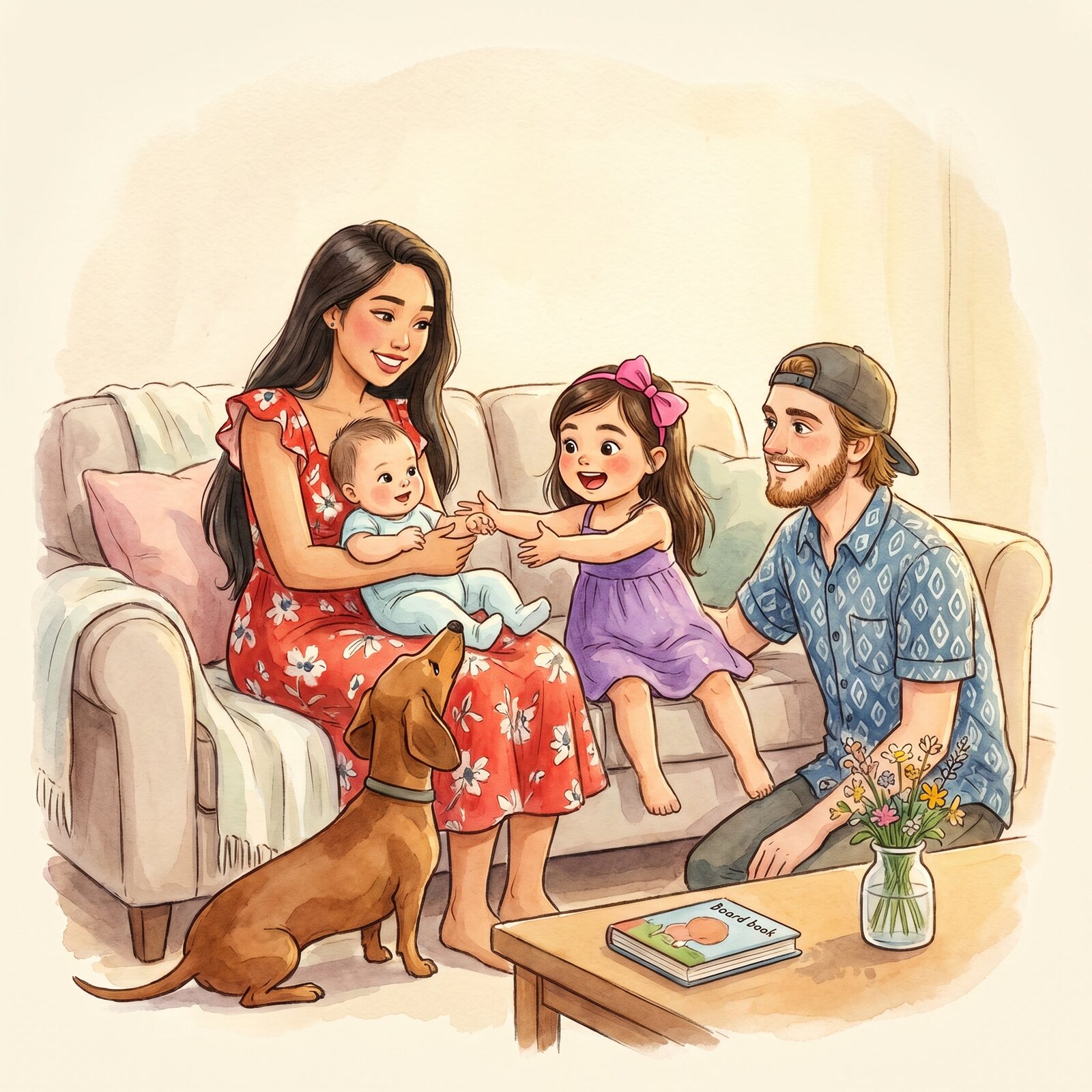 A family with their new baby and their dog